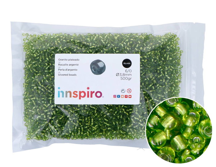 Innspiro Rocalla de Vidrio Redonda Plateado Verde Aguacate 3,8mm 500g Innspiro Rocalla de Vidrio Redonda Plateado Verde Aguacate 3,8mm 500g