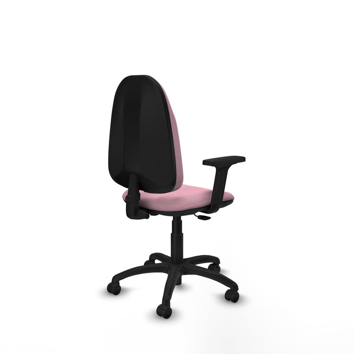 Silla de oficina Algarra con mecanismo Contacto permanente básico tapizada con Tela color Rosa. Equipada con Base poliamida negra, Brazos 2D y Ruedas autofrenantes