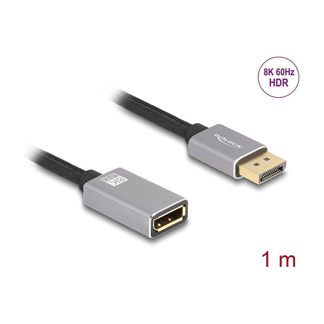 DeLOCK 81079 Cable Extensión DisplayPort 1 m Gris Metálico Macho-Hembra 8K@60Hz/4K@240Hz, DP 1.4, HBR3, DSC, HDCP 2.3, 32.4 Gbps