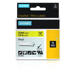 Dymo RHINO Cinta de Etiquetas de Vinilo Industrial 12 mm x 5,5 m Negro sobre Amarillo