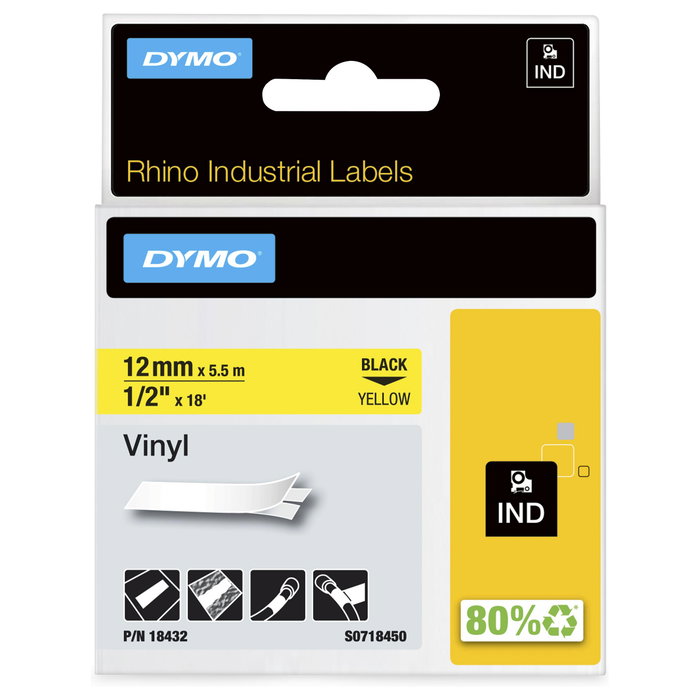 Dymo Rhino Cinta de Etiquetas Industrial de Vinilo 12 mm x 5,5 m Negro sobre Amarillo