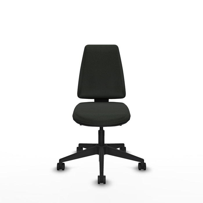 Silla de oficina Elche con mecanismo Asincro tapizada con Tela color Negro. Equipada con Base piramidal negra, Sin brazos y Ruedas 65mm nailon