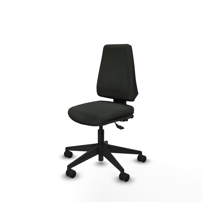 Silla de oficina Elche con mecanismo Asincro tapizada con Tela color Negro. Equipada con Base piramidal negra, Sin brazos y Ruedas 65mm nailon