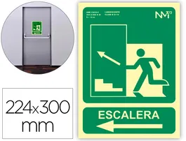 Archivo 2000 Pictograma Señal Salida Emergencia Escalera Sube Izquierda PVC Verde Luminiscente 224x300 mm