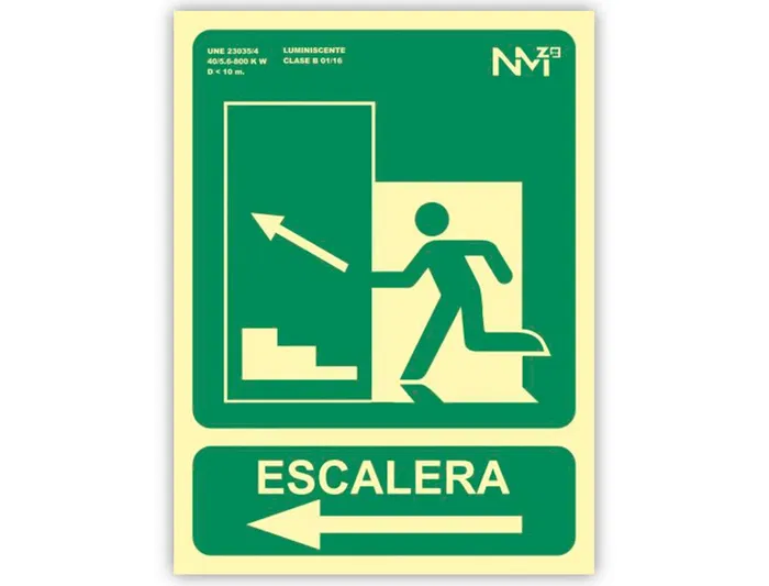 Archivo 2000 Pictograma Señal Salida Emergencia Escalera Sube Izquierda PVC Verde Luminiscente 224x300 mm