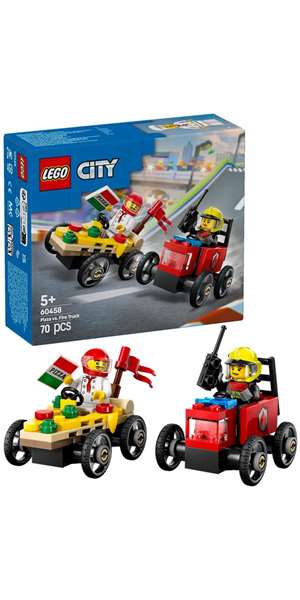 LEGO City Juego de Construcción 60383 Coche de Carreras de Pizza vs Camión de Bomberos, Set de Vehículos para Niños +6 Años