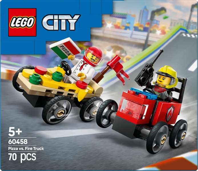 LEGO City Juego de Construcción 60383 Coche de Carreras de Pizza vs Camión de Bomberos, Set de Vehículos para Niños +6 Años