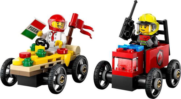 LEGO City Juego de Construcción 60383 Coche de Carreras de Pizza vs Camión de Bomberos, Set de Vehículos para Niños +6 Años