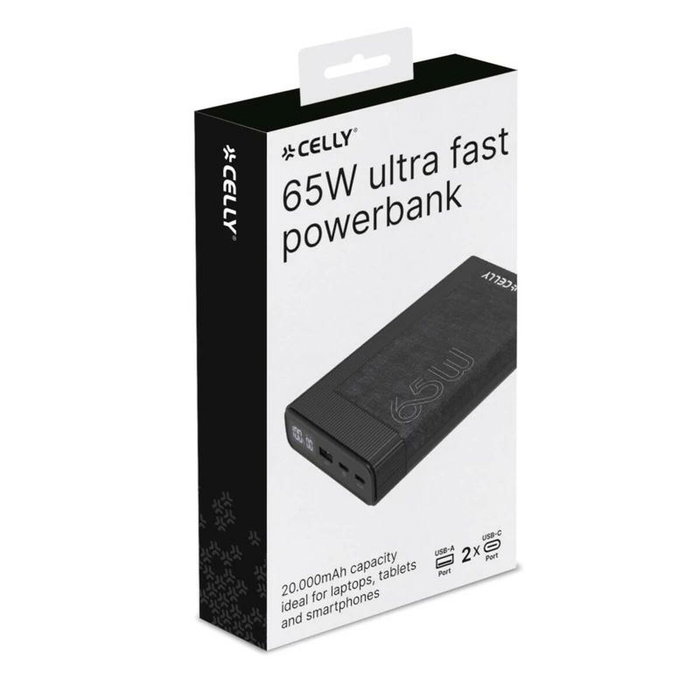 Celly Batería Externa 20000 mAh PD 65W Negro - Carga Rápida