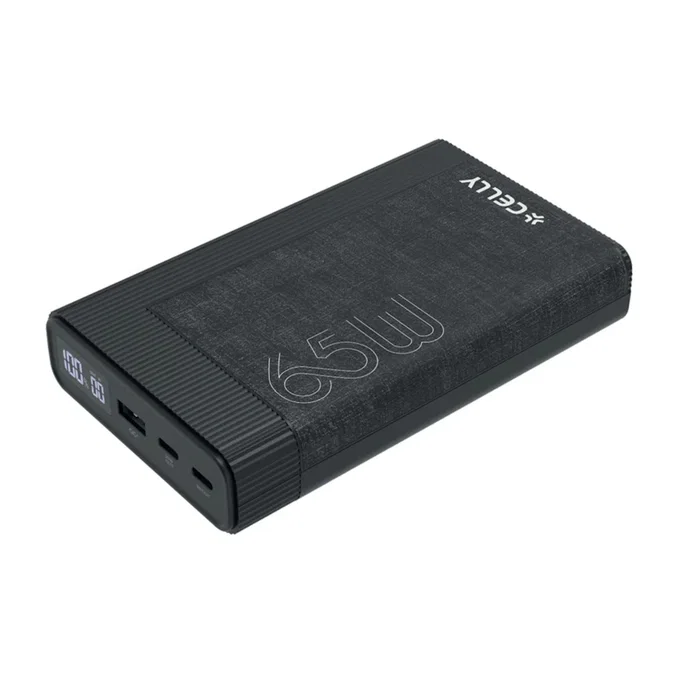 Celly PBPD65W20EVOBK Batería Externa Power Bank 20000 mAh 65W Carga Rápida con Pantalla LED, Puertos USB-C y USB-A, Color Negro