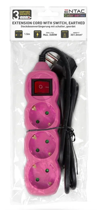 Entac Regleta de 3 tomas con interruptor, cable 1,5 m, rosa