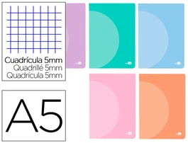Liderpapel Libreta 360 Tapa Plástico A5 48 Hojas 90gr Cuadro 5mm Doble Margen Colores Pastel