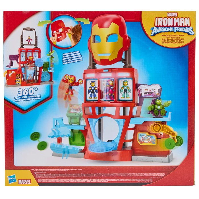 Hasbro G1259 Marvel Iron Man Cuartel General Playset 2 en 1 con Máscara para Disfraz, Juguete para Niños de +3 años (Idiomas: Inglés, Francés, Alemán, Portugués, Español)