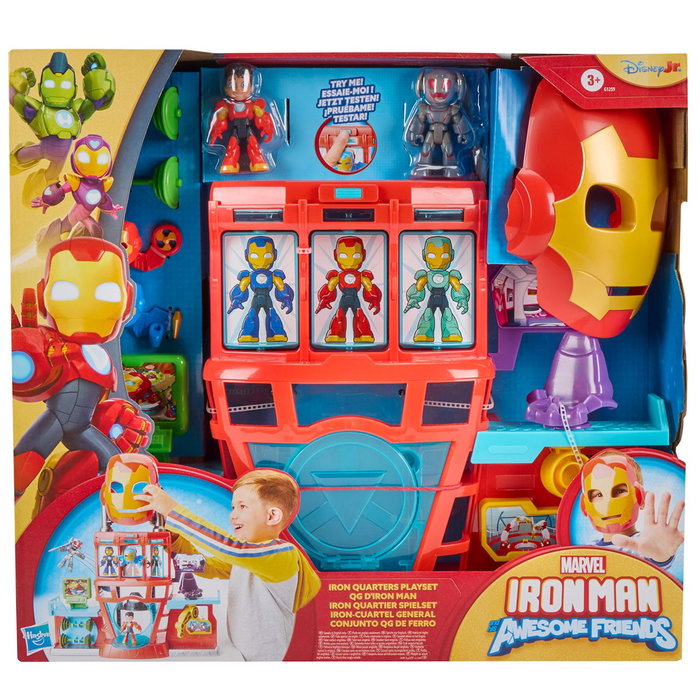 Hasbro G1259 Marvel Iron Man Cuartel General Playset 2 en 1 con Máscara para Disfraz, Juguete para Niños de +3 años (Idiomas: Inglés, Francés, Alemán, Portugués, Español)