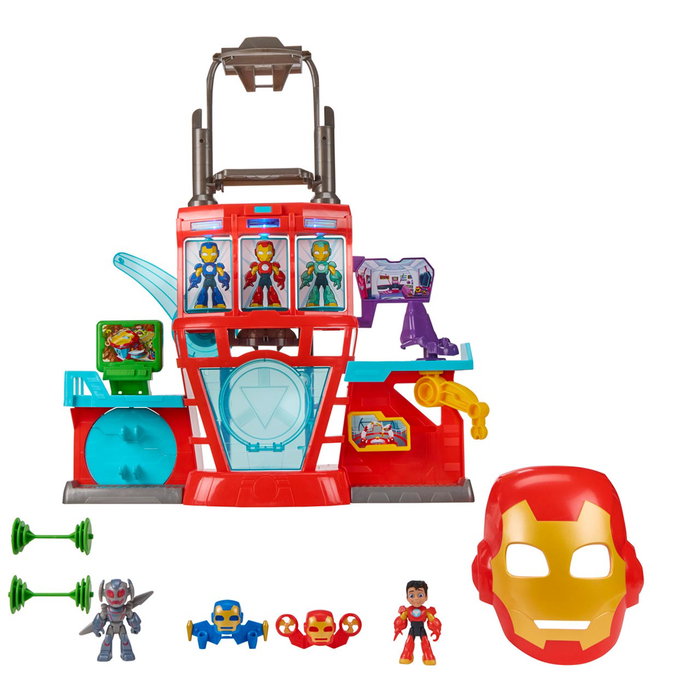 Hasbro G1259 Marvel Iron Man Cuartel General Playset 2 en 1 con Máscara para Disfraz, Juguete para Niños de +3 años (Idiomas: Inglés, Francés, Alemán, Portugués, Español)