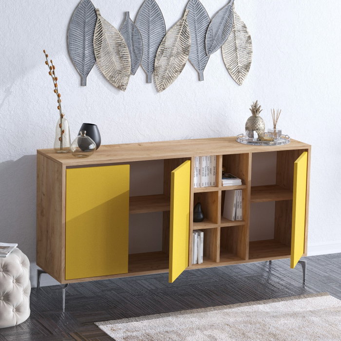Hanah Home KAJA Consola Moderna Roble y Amarillo 140cm x 94cm x 40cm Hanah Home KAJA Consola Moderna Roble y Amarillo 140cm x 94cm x 40cm