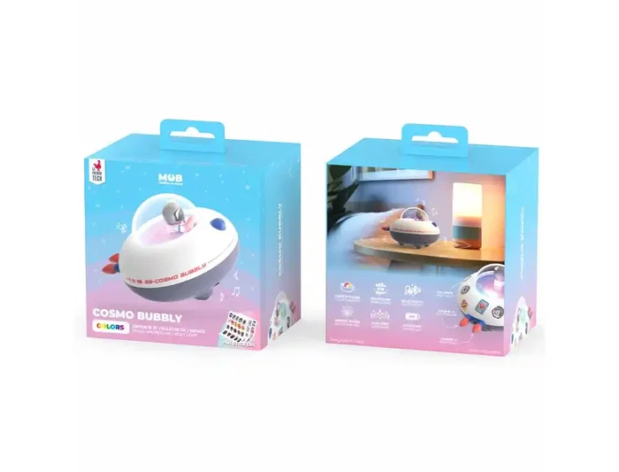 Wondee Cosmo Bubbly Altavoz Bluetooth Portátil Inalámbrico con Efectos de Luz, Diseño Nave Espacial, Sonido Potente, Luz Nocturna, Incluye 50 Pegatinas