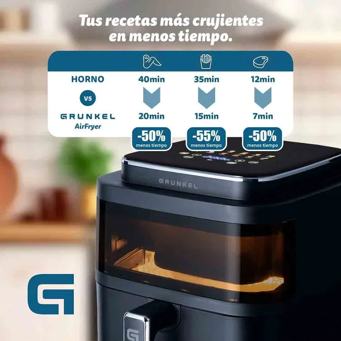 Grunkel BLACKLIGHTFRYER Freidora de Aire Caliente sin Aceite, 6L, 1400W, 12 Programas, Control Táctil Digital, Negro
