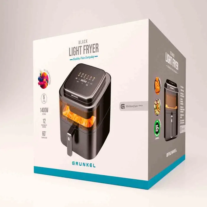 Grunkel BLACKLIGHTFRYER Freidora de Aire Caliente sin Aceite, 6L, 1400W, 12 Programas, Control Táctil Digital, Negro