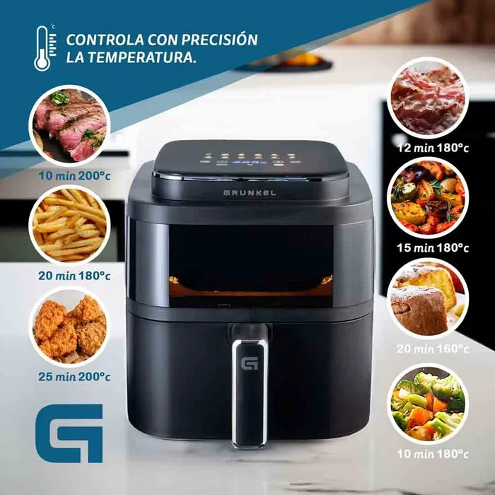 Grunkel BLACKLIGHTFRYER Freidora de Aire Caliente sin Aceite, 6L, 1400W, 12 Programas, Control Táctil Digital, Negro