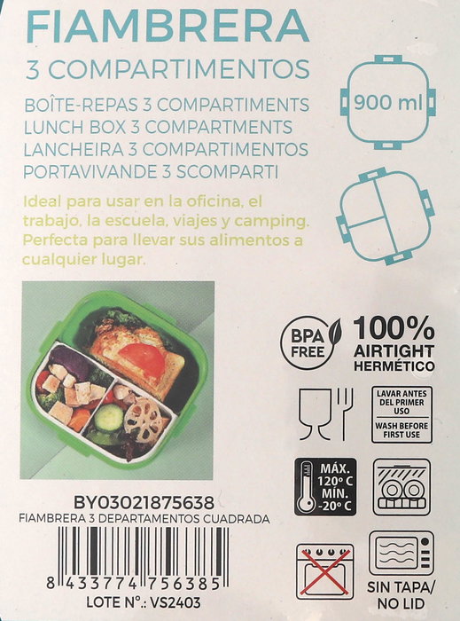 Thermosport Fiambrera 3 Departamentos Cuadrada 19x19x6 cm 900ml (6 Unidades)