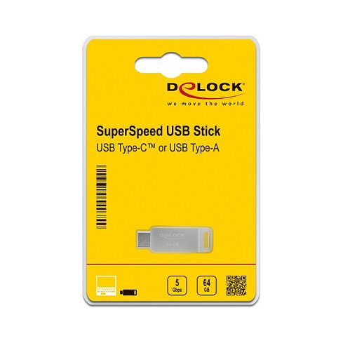 DeLOCK USB 3.2 Gen 1 (5 Gbps) - Lápiz de memoria 64GB USB-C + USB-A, carcasa metálica plateada, velocidad 100 MB/s, giratorio, plug and play DeLOCK USB 3.2 Gen 1 (5 Gbps) - Lápiz de memoria 64GB USB-C + USB-A, carcasa metálica plateada, velocidad 100 MB/s, giratorio, plug and play