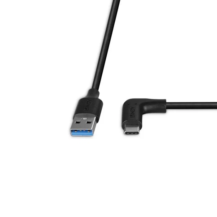 Lindy 32014 Cable USB 3.2 Gen 2 USB A Macho Derecho a USB C Macho Angular de 90°, 1.5 m, Negro, 10 Gbit/s, 15W