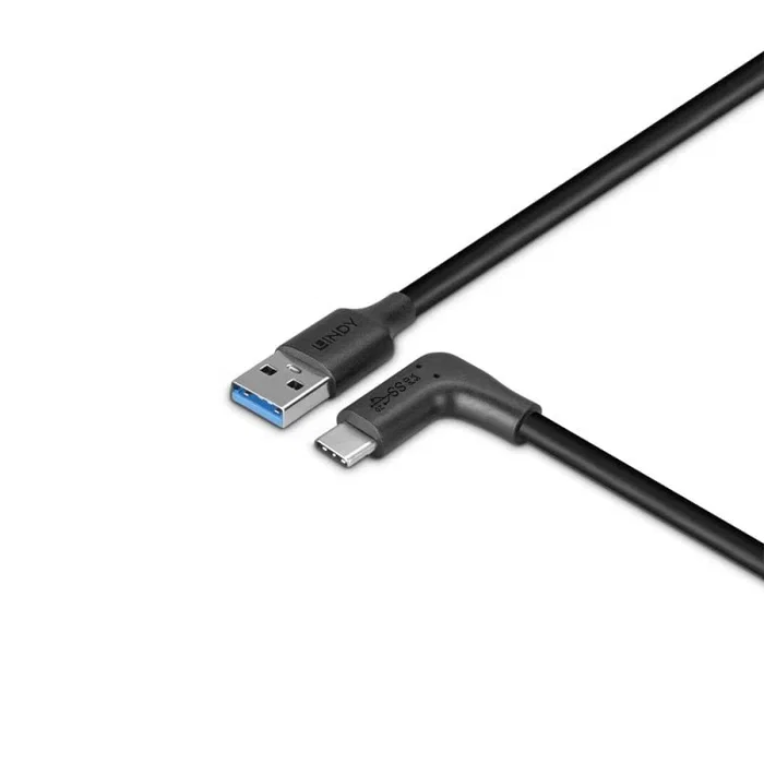 Lindy 32014 Cable USB 3.2 Gen 2 USB A Macho Derecho a USB C Macho Angular de 90°, 1.5 m, Negro, 10 Gbit/s, 15W