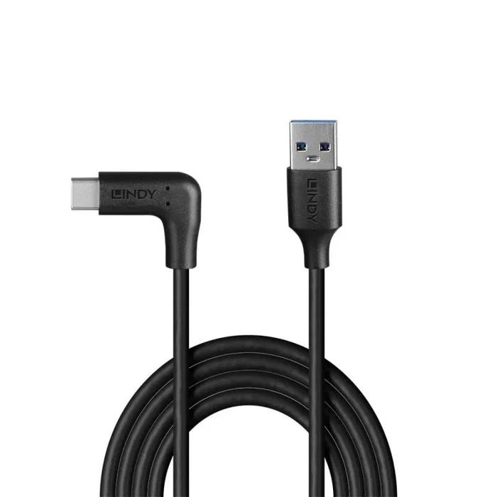 Lindy 32014 Cable USB 3.2 Gen 2 USB A Macho Derecho a USB C Macho Angular de 90°, 1.5 m, Negro, 10 Gbit/s, 15W