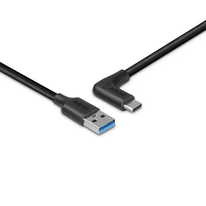 Lindy 32014 Cable USB 3.2 Gen 2 USB A Macho Derecho a USB C Macho Angular de 90°, 1.5 m, Negro, 10 Gbit/s, 15W