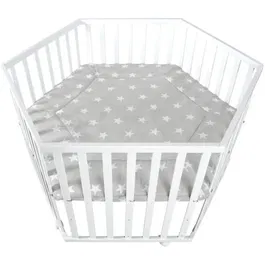 Roba Parque infantil hexagonal ROBA LITTLE STARS AAAIG92169 Altura regulable Funda acolchada Ruedas con freno Madera lacada blanco Diseño estrellas