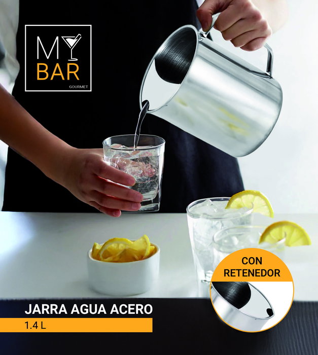 My Bar Jarra Agua C/Retenedor Acero Inoxidable 1.4L 12.5 cm Ancho x 12.5 cm Alto x 16 cm Largo (12 Unidades)