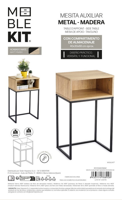 Inde Mesita Auxiliar Met-Madera 40 cm x 30 cm x 68 cm (3 Unidades)