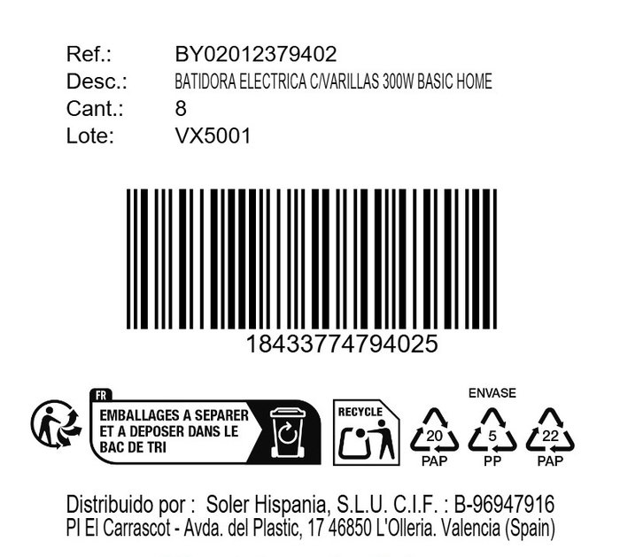 Inde Batidora Eléctrica 400W Basic Home con Varillas - 28 cm de Alto (8 Unidades)