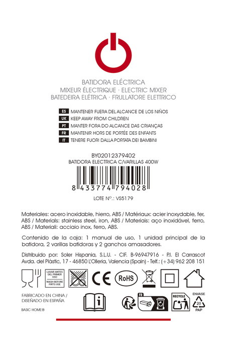 Inde Batidora Eléctrica 400W Basic Home con Varillas - 28 cm de Alto (8 Unidades)
