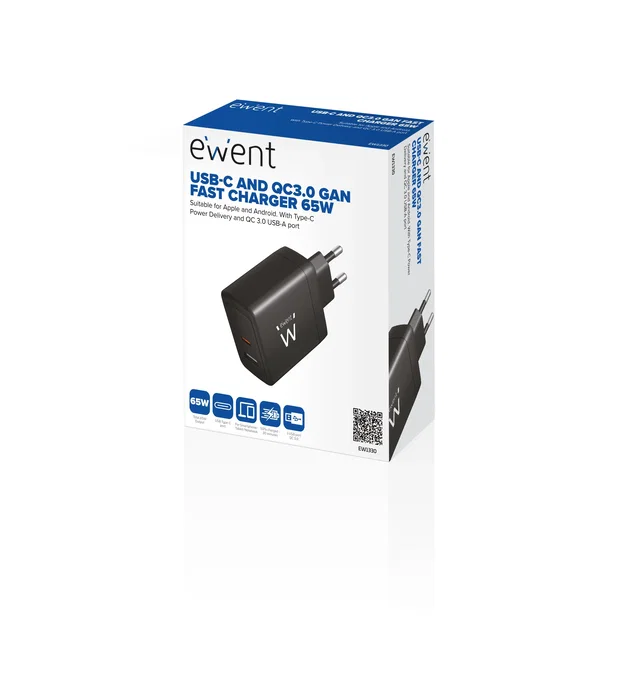 Ewent EW1330 Cargador Rápido USB-C GaN 65W con 2 Puertos (PD + QC 3.0) para iPhone 15/14, MacBook, AirPods, Android, Compacto y Universal, Negro Ewent EW1330 Cargador Rápido USB-C GaN 65W con 2 Puertos (PD + QC 3.0) para iPhone 15/14, MacBook, AirPods, Android, Compacto y Universal, Negro