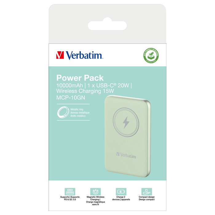 Verbatim Master C7A Wireless Powerbank Charge 'n' Go 10.000mAh Qi PD 3.0 Quick Charge 3.0 Verde Verbatim Master C7A Wireless Powerbank Charge 'n' Go 10.000mAh Qi PD 3.0 Quick Charge 3.0 Verde