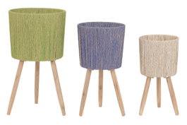 DKD Home Decor Set de 3 Maceteros de Fibra Trenzada y Madera