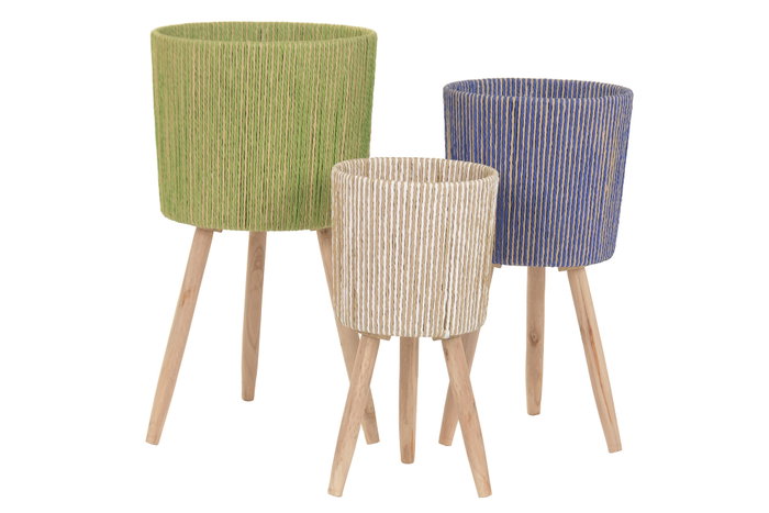 DKD Home Decor Set de 3 Maceteros de Fibra Trenzada y Madera