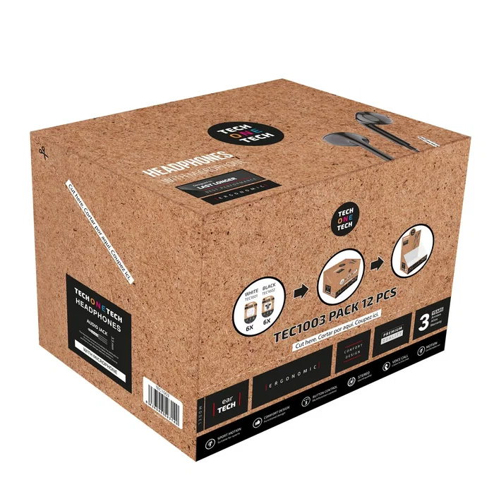 Tech One Tech Expositor Auriculares Intraurales TEC1003 con Micrófono 3.5mm - Pack 12 Unidades (6 Negros + 6 Blancos) - Sonido Estéreo para Llamadas y Música