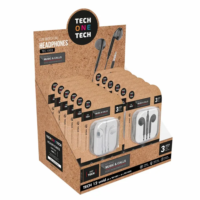 Tech One Tech Expositor Auriculares Intraurales TEC1003 con Micrófono 3.5mm - Pack 12 Unidades (6 Negros + 6 Blancos) - Sonido Estéreo para Llamadas y Música