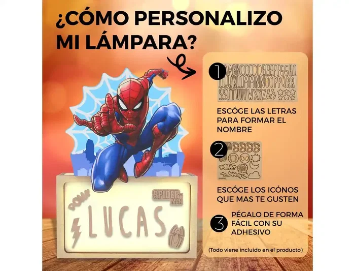 Wondee Lámpara Personalizable de Madera Spiderman - Con Batería, 0,6W, Flujo Luminoso 60 Lm