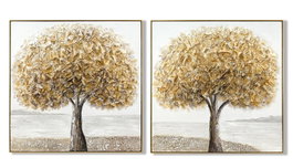 DKD Home Decor Set de 2 Cuadros de Lienzo y MDF Árbol Dorado y Gris 102x102 cm