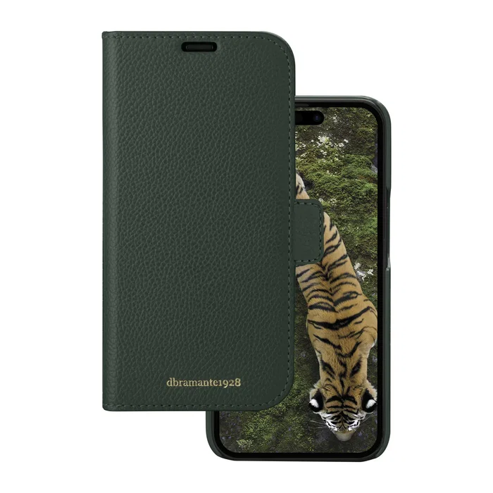 Dbramante1928 New York Funda Folio con Cierre Magnético para Apple iPhone 15 Pro, Cuero Grano Completo Acordonado Verde Perenne, con 3 Bolsillos para Tarjetas