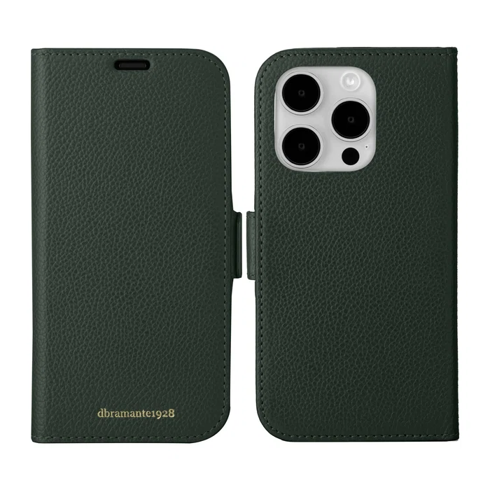 Dbramante1928 New York Funda Folio con Cierre Magnético para Apple iPhone 15 Pro, Cuero Grano Completo Acordonado Verde Perenne, con 3 Bolsillos para Tarjetas