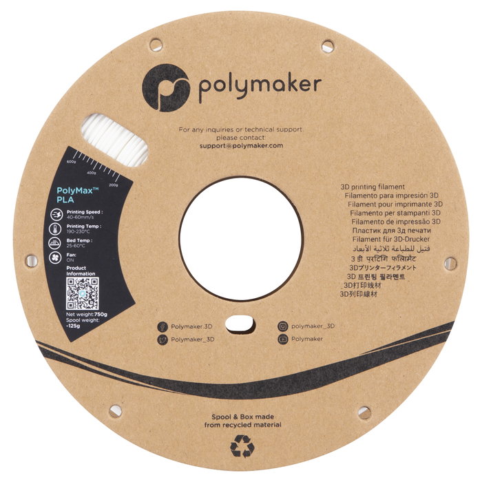 Polmask Filamento PLA 1.75mm Tough, Color Blanco, Carrete de 0.75 kg