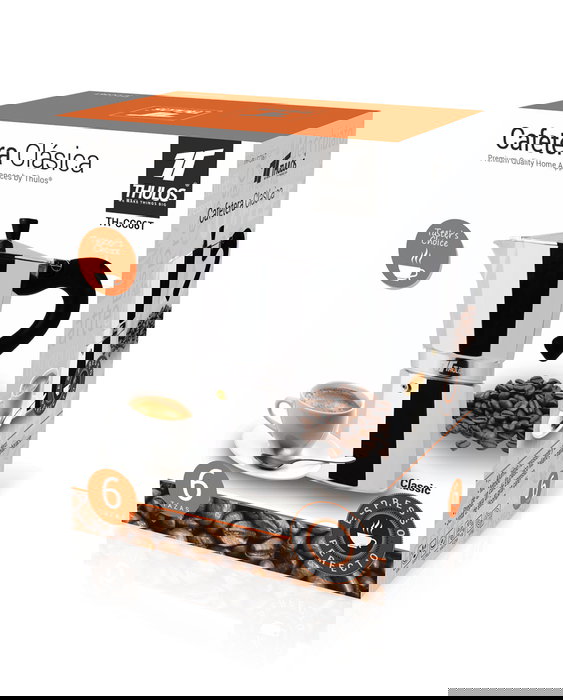 Thulos Cafetera Clásica Italiana CC06T, 6 Tazas, de Aluminio para todo tipo de Cocina