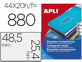 Apli Etiquetas Adhesivas Transparentes 48,5x25,4 mm 880 Etiquetas/Hoja Compatible Láser Inkjet Fotocopiadora Caja 20 Hojas Din A4
