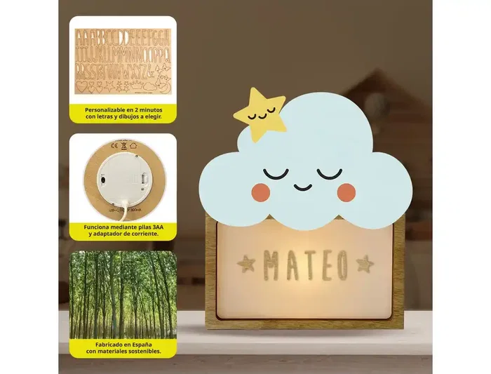 Wondee Lampara Personalizable Little Cloud para Bebé Luz Nocturna Infantil Quit Miedos Madera
