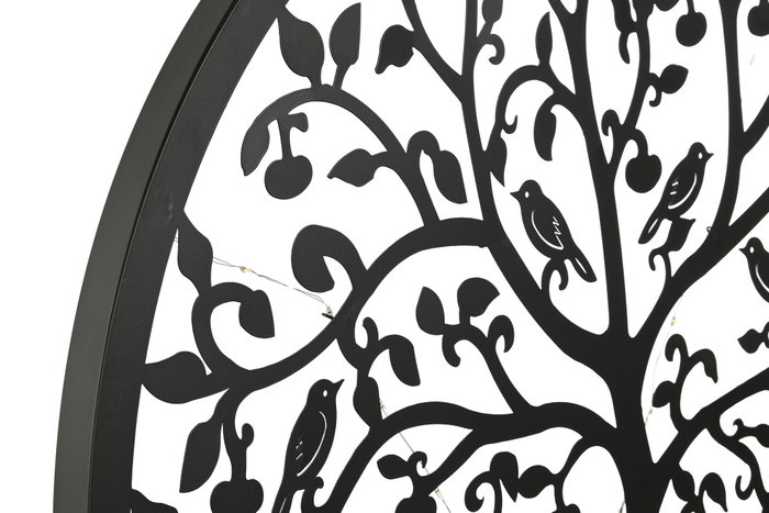 DKD Home Decor Decoración de Pared LED Metal Árbol Pájaros Negro